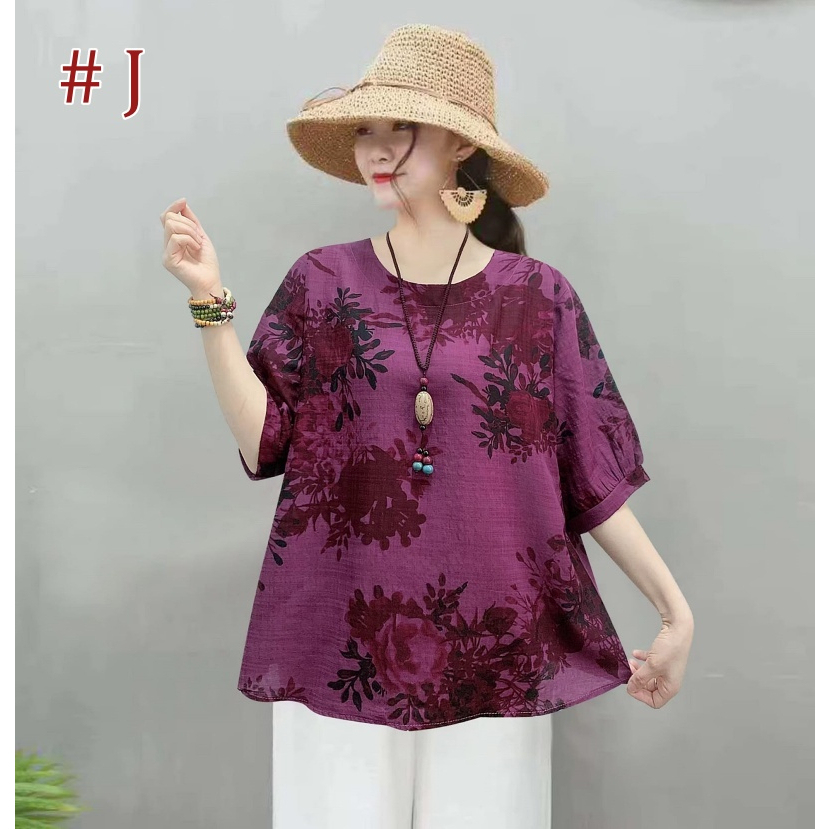[Stella Fashion] Women Cotton Linen  Loose Blouse Retro Round Neck Top Summer Plus Size Flora Middle   Age Women     Top