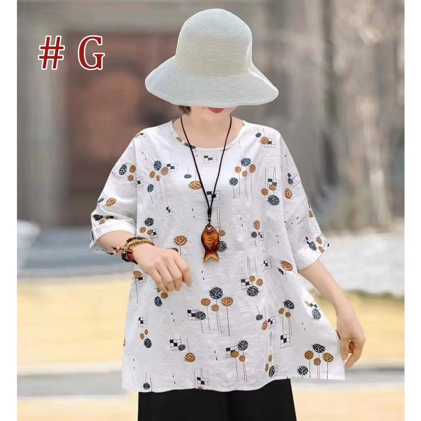 [Stella Fashion] Women Cotton Linen  Loose Blouse Retro Round Neck Top Summer Plus Size Flora Middle   Age Women     Top