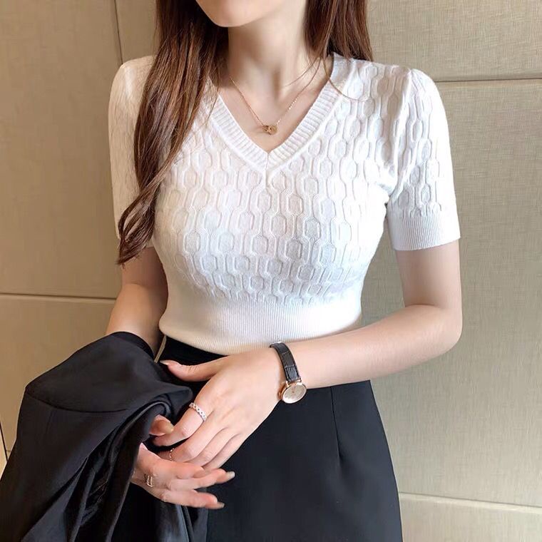 [Stella Fashion] Women’s Korean Solid Color V- Neck Casual Slim Knitted Short Sleeve Crop T-Shirt. Women Tops