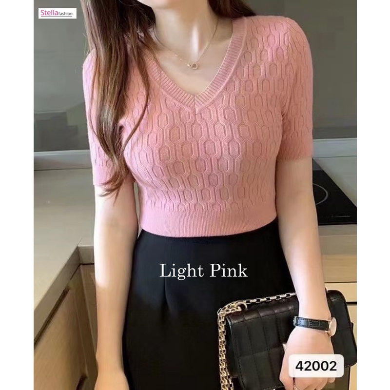 [Stella Fashion] Women’s Korean Solid Color V- Neck Casual Slim Knitte