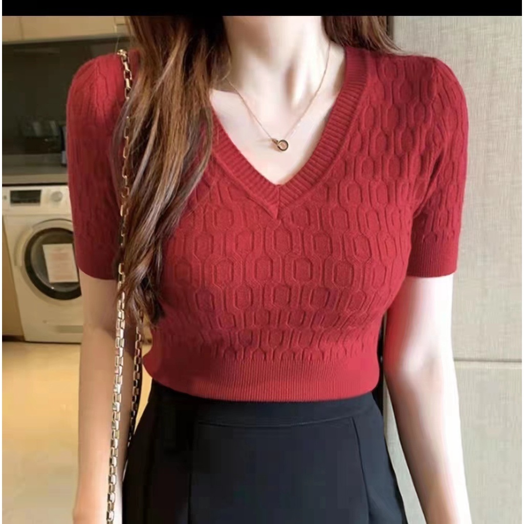[Stella Fashion] Women’s Korean Solid Color V- Neck Casual Slim Knitted Short Sleeve Crop T-Shirt. Women Tops