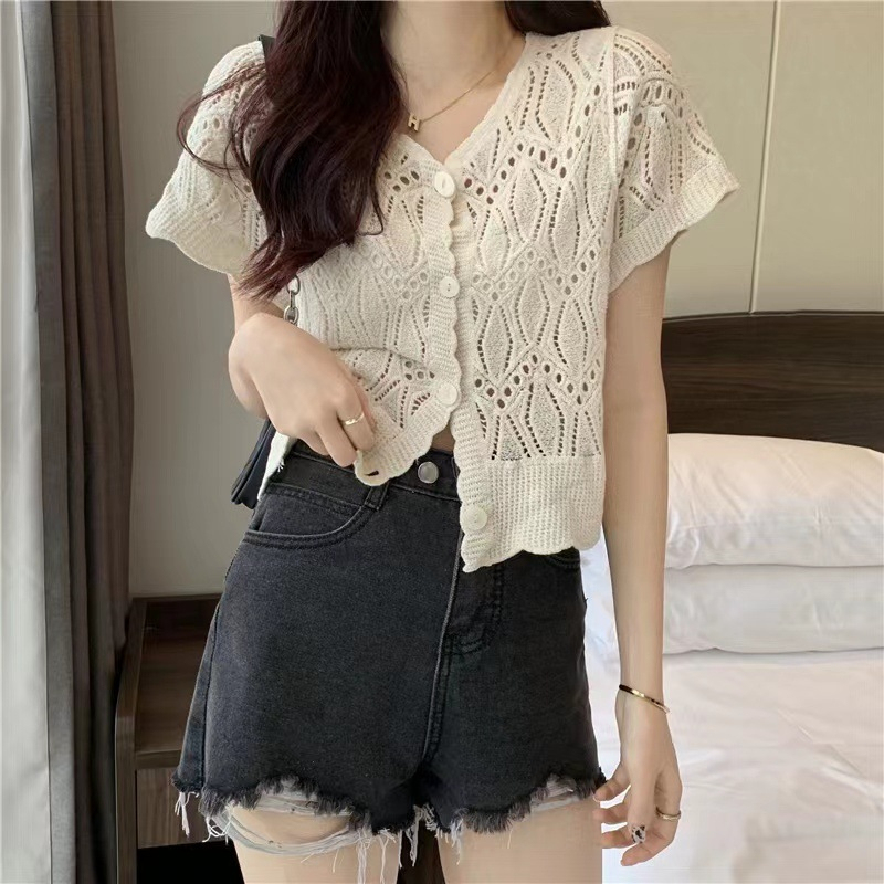 Stella Fashion Knitted Sunscreen Cardigan Thin Style Women Loose Outer Blouse Short Sleeve Top 短袖针织上衣
