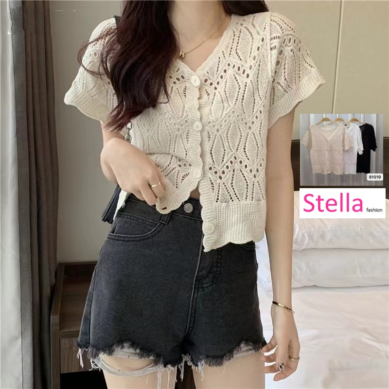 Stella Fashion Knitted Sunscreen Cardigan Thin Style Women Loose Outer Blouse Short Sleeve Top-Stella's Fashion