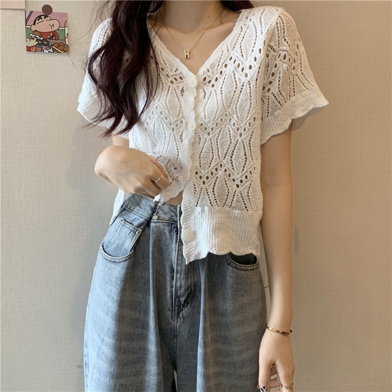 Stella Fashion Knitted Sunscreen Cardigan Thin Style Women Loose Outer Blouse Short Sleeve Top-Stella's Fashion