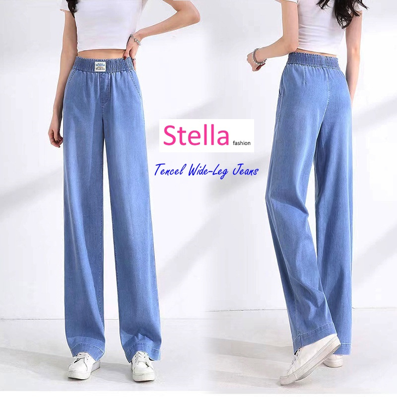 Stella Fashion Women's Casual Tencel Denim wide-Leg Jeans Thin Straight Loose Trousers Plus Size Elastic Waist Pants-Stella's Fashion