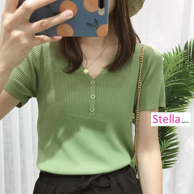 Stella Fashion Korean Ice silk T-shirt Short-sleeved V-Neck Slim Solid Color Fashion Ice Silk Bottoming Knitted Shirt