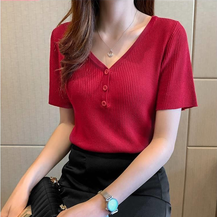 Stella Fashion Korean Ice silk T-shirt Short-sleeved V-Neck Slim Solid Color Fashion Ice Silk Bottoming Knitted Shirt