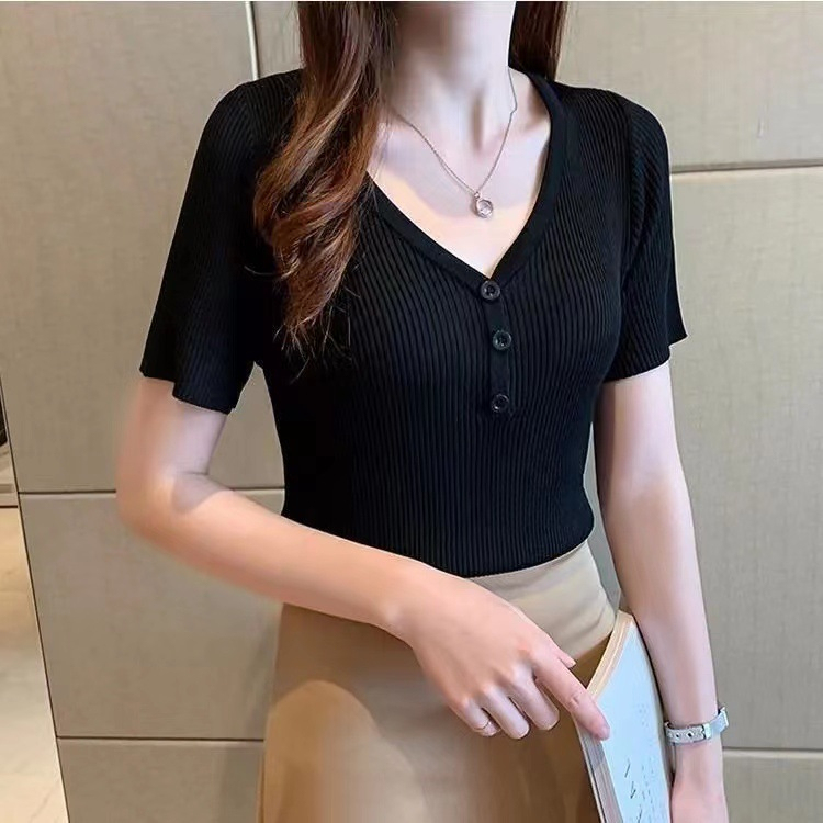Stella Fashion Korean Ice silk T-shirt Short-sleeved V-Neck Slim Solid Color Fashion Ice Silk Bottoming Knitted Shirt