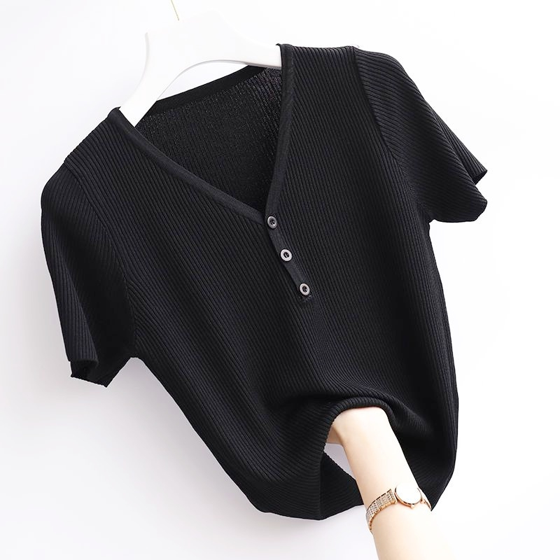 Stella Fashion Korean Ice silk T-shirt Short-sleeved V-Neck Slim Solid Color Fashion Ice Silk Bottoming Knitted Shirt