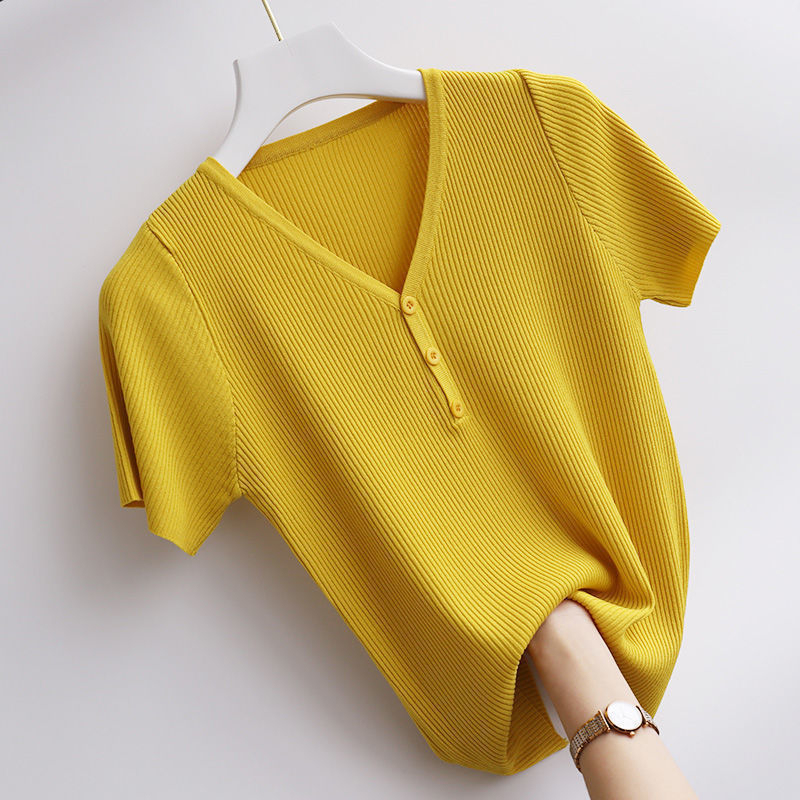 Stella Fashion Korean Ice silk T-shirt Short-sleeved V-Neck Slim Solid Color Fashion Ice Silk Bottoming Knitted Shirt