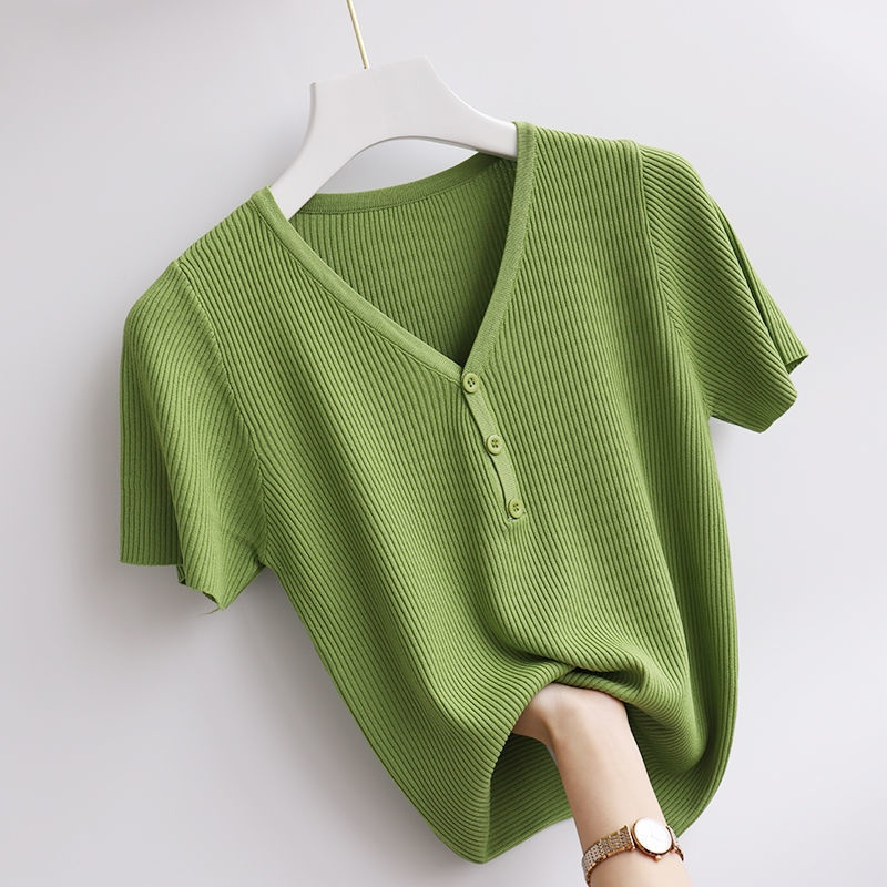Stella Fashion Korean Ice silk T-shirt Short-sleeved V-Neck Slim Solid Color Fashion Ice Silk Bottoming Knitted Shirt