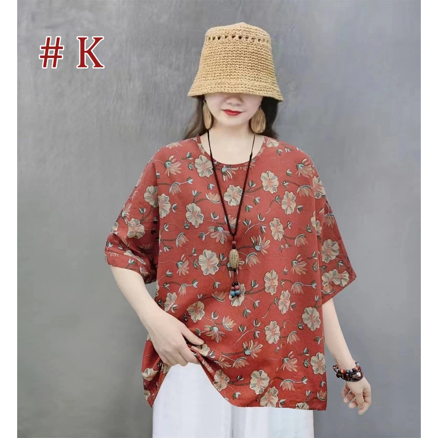 [Stella Fashion] Women Cotton Linen  Loose Blouse Retro Round Neck Top Summer Plus Size Flora Middle   Age Women     Top