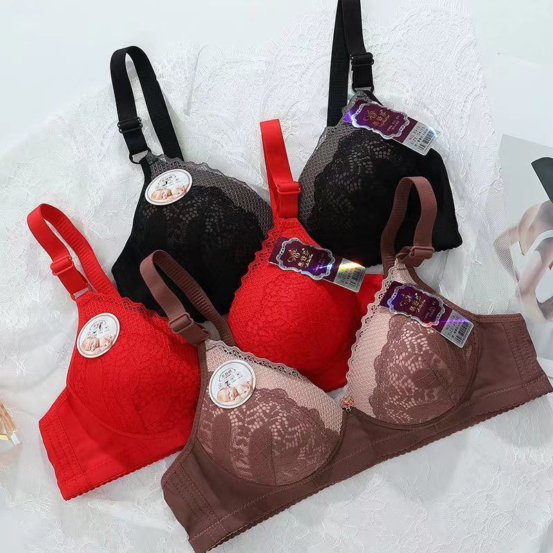 [Stella Fashion] No Steel Ring Middle-aged Mother Thin Mould Cup Lace Bra Women's gathered anti-sagging bra underwear