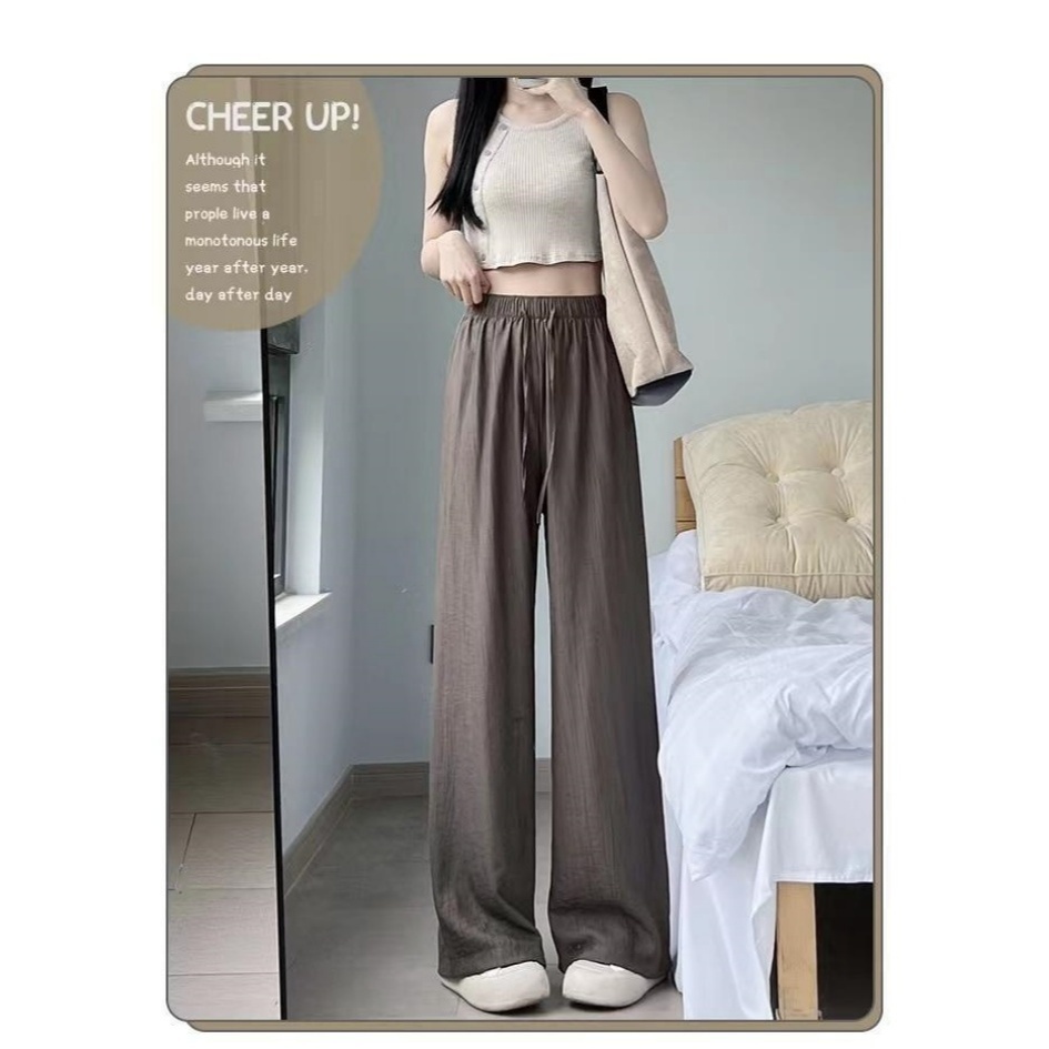 [Stella Fashion] Ice Silk Wrinkled Wide-Leg Pants Women Thin Material Style Straight Pants high waist slim Casual Pants-Stella's Fashion