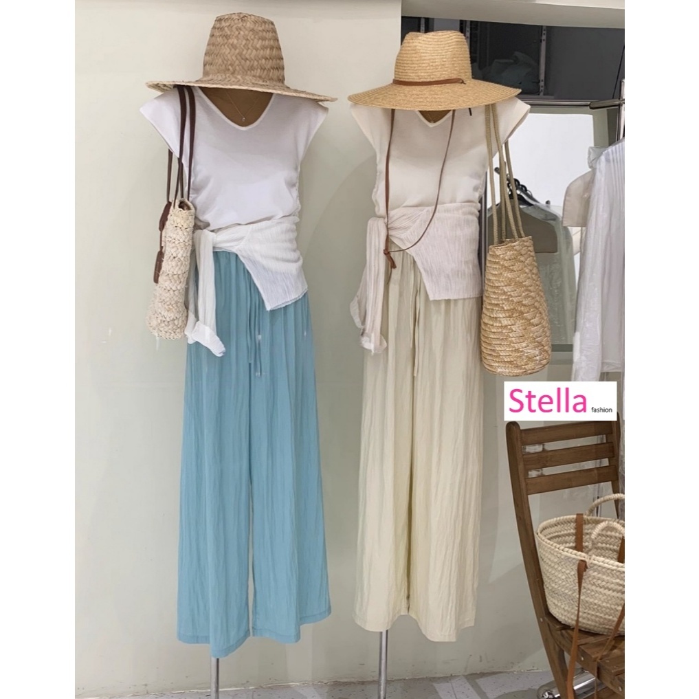 [Stella Fashion] Ice Silk Wrinkled Wide-Leg Pants Women Thin Material Style Straight Pants high waist slim Casual Pants-Stella's Fashion
