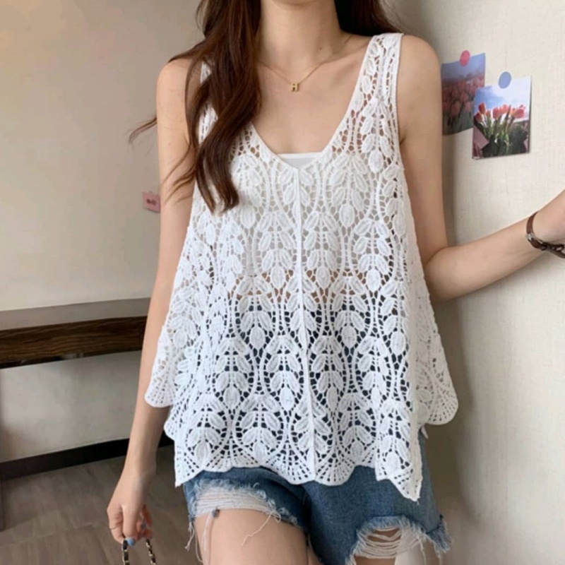 [Stella Fashion] Women's Summer V Neck Leaf Pattern Loose Tops Sleeveless Hollow Crochet knit Crop Cardigan Casual Vest-Stella's Fashion