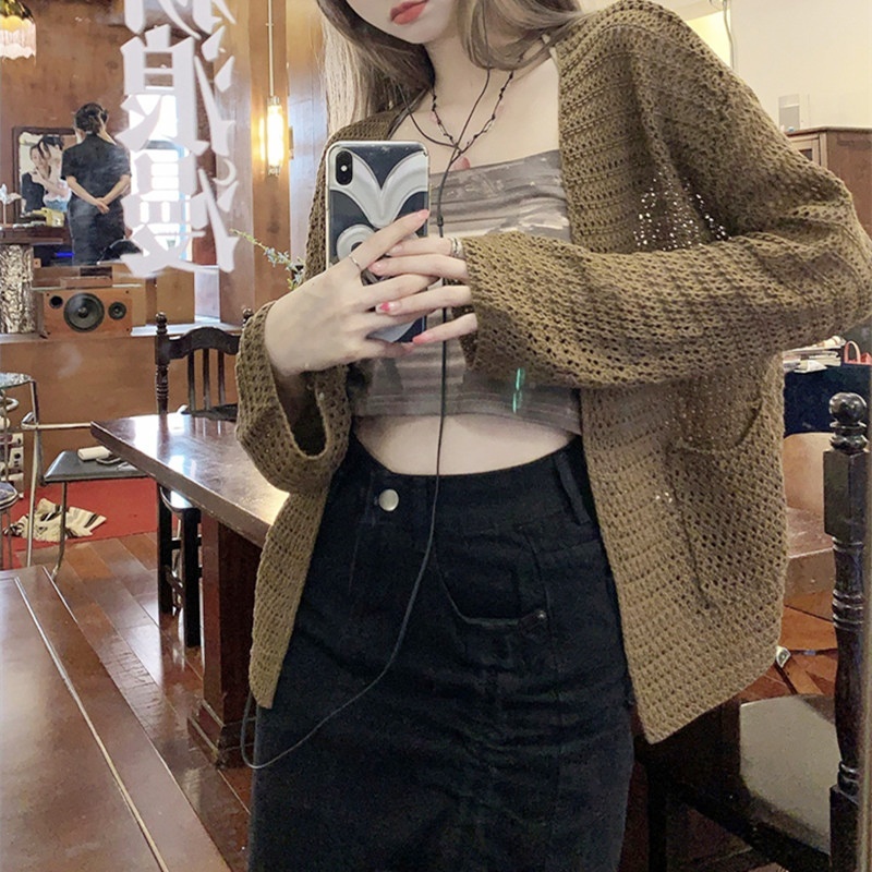 [Stella Fashion] Women's hallow sun protection sweater women thin sling knitted cardigan