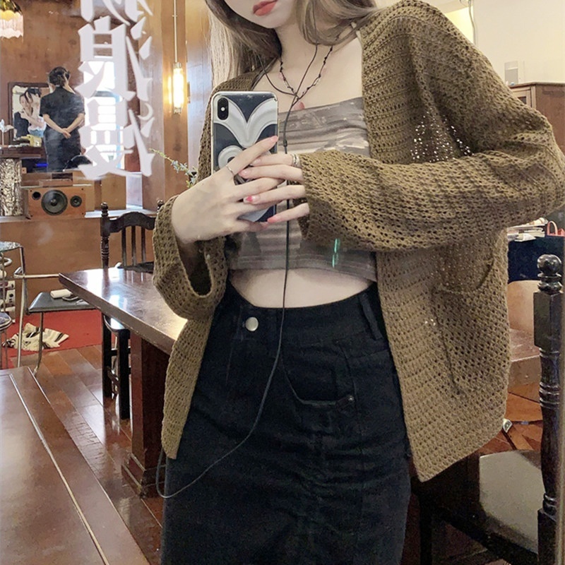 [Stella Fashion] Women's hallow sun protection sweater women thin sling knitted cardigan