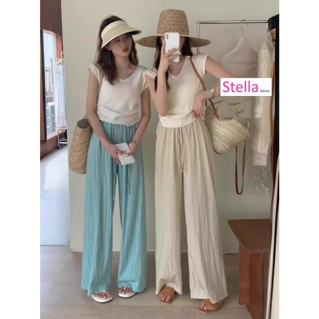 [Stella Fashion] Ice Silk Wrinkled Wide-Leg Pants Women Thin Material Style Straight Pants high waist slim Casual Pants-Stella's Fashion