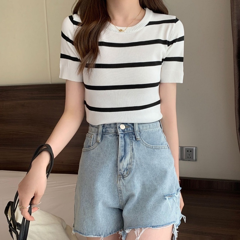 [Stella Fashion] Women's Short Sleeve Knitted Top Korean Style Stripe Pattern with Round Neck soft fabric knit T Shirt-Stella's Fashion