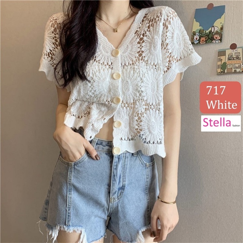Stella Fashion Knitted Sunscreen Cardigan Thin Style Women Loose Outer Blouse Short Sleeve Top 短袖针织上衣