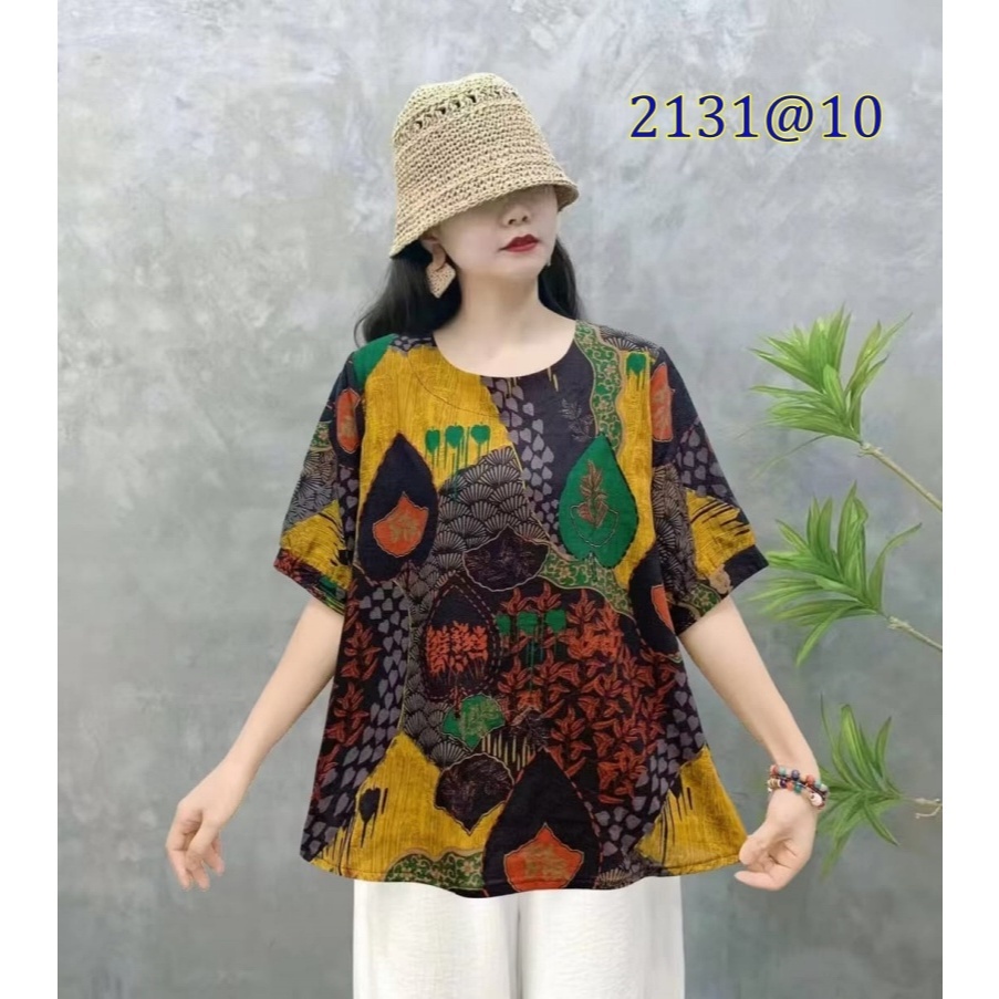 [Stella Fashion] Women Summer Flora Middle Age Women Blouse Plus size Cotton Linen Tops Short Sleeve Tops-Stella's Fashion