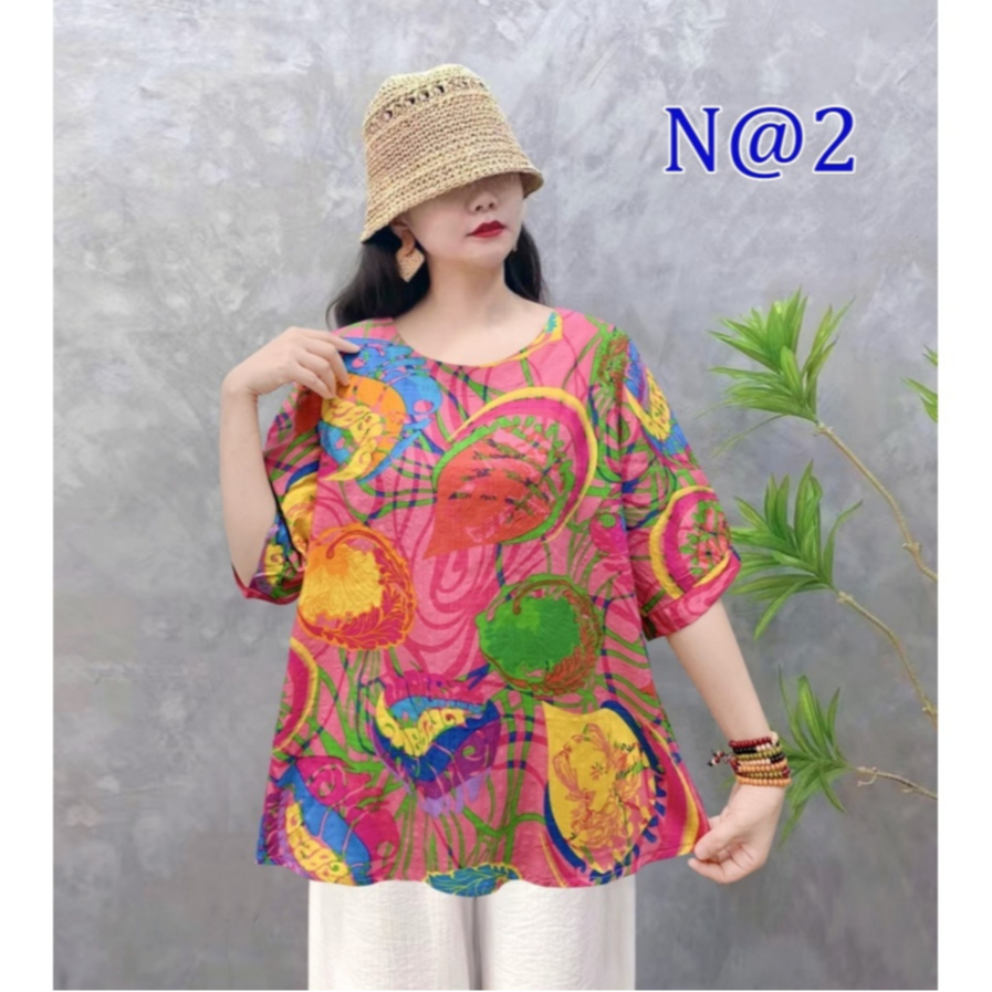[Stella Fashion] Women Cotton Linen  Loose Blouse Retro Round Neck Top Summer Plus Size Flora Middle   Age Women     Top