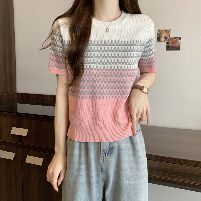 Stella Fashion Korean Version Striped Short Sleeve Knitted T-Shirt Round Neck Top Slim Fit Short Polo T Shirt