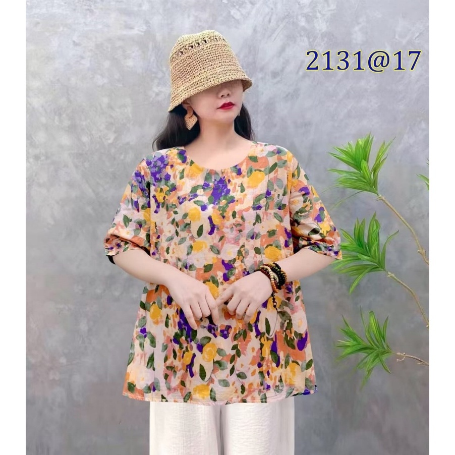 [Stella Fashion] Women Summer Flora Middle Age Women Blouse Plus size Cotton Linen Tops Short Sleeve Tops-Stella's Fashion