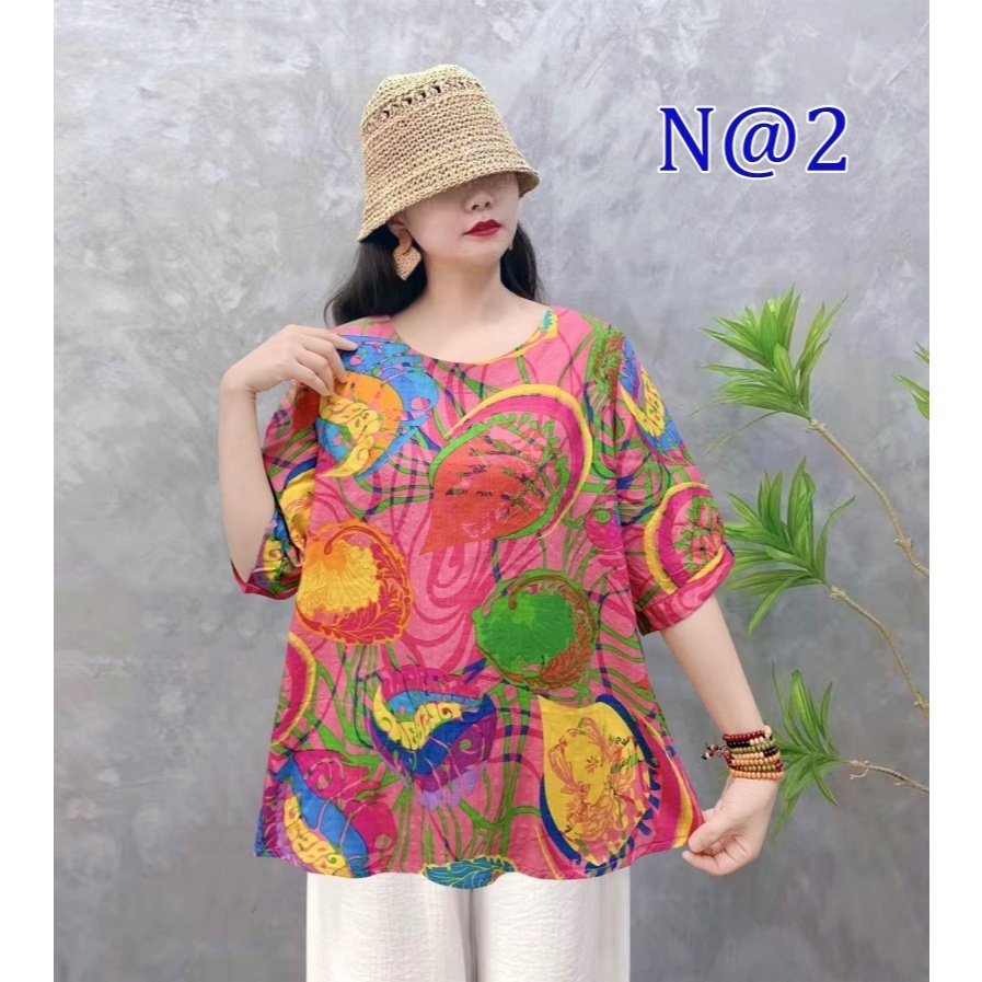 [Stella Fashion] Women Cotton Linen  Loose Blouse Retro Round Neck Top Summer Plus Size Flora Middle   Age Women     Top