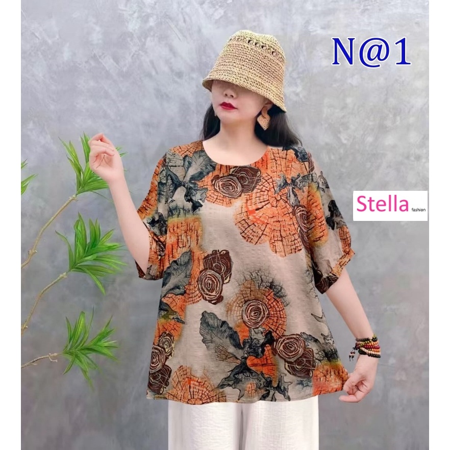 [Stella Fashion] Women Cotton Linen  Loose Blouse Retro Round Neck Top Summer Plus Size Flora Middle   Age Women     Top