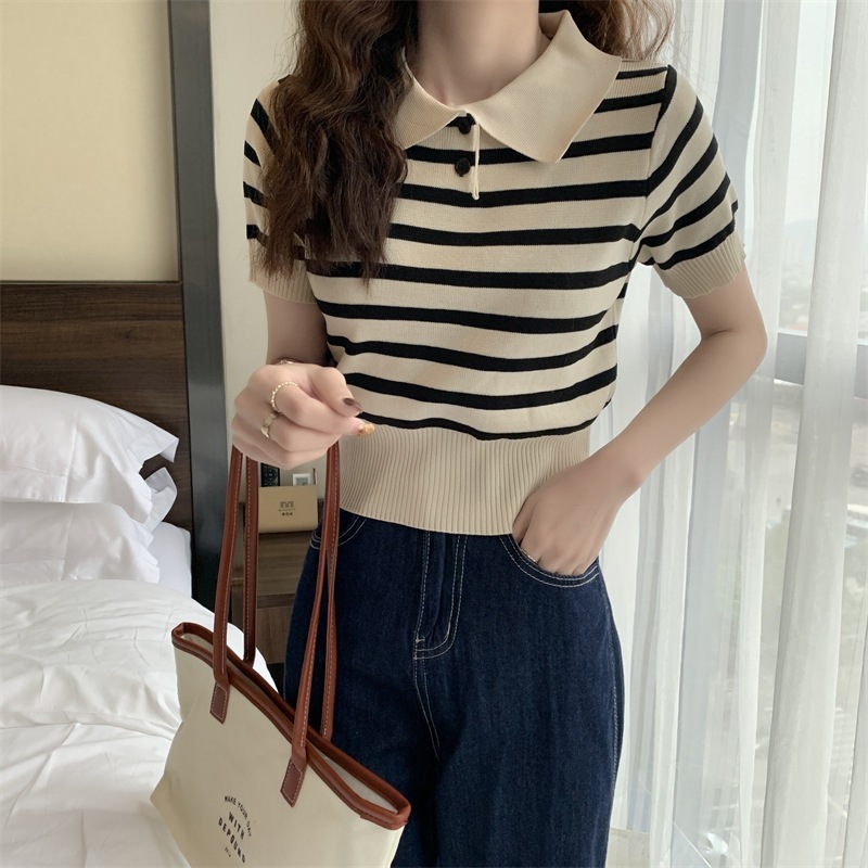 Stella Fashion Korean Version Striped Short Sleeve Knitted T-Shirt Round Neck Top Slim Fit Short Polo T Shirt