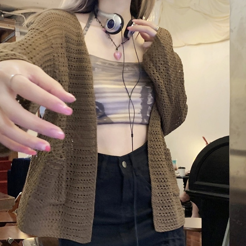 [Stella Fashion] Women's hallow sun protection sweater women thin sling knitted cardigan