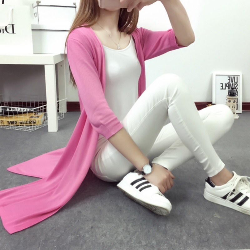 [Stella Fashion] Korean style Mid-length Thin Ice silk Coat Sun protection loose size hallow women  Open long Cardigan