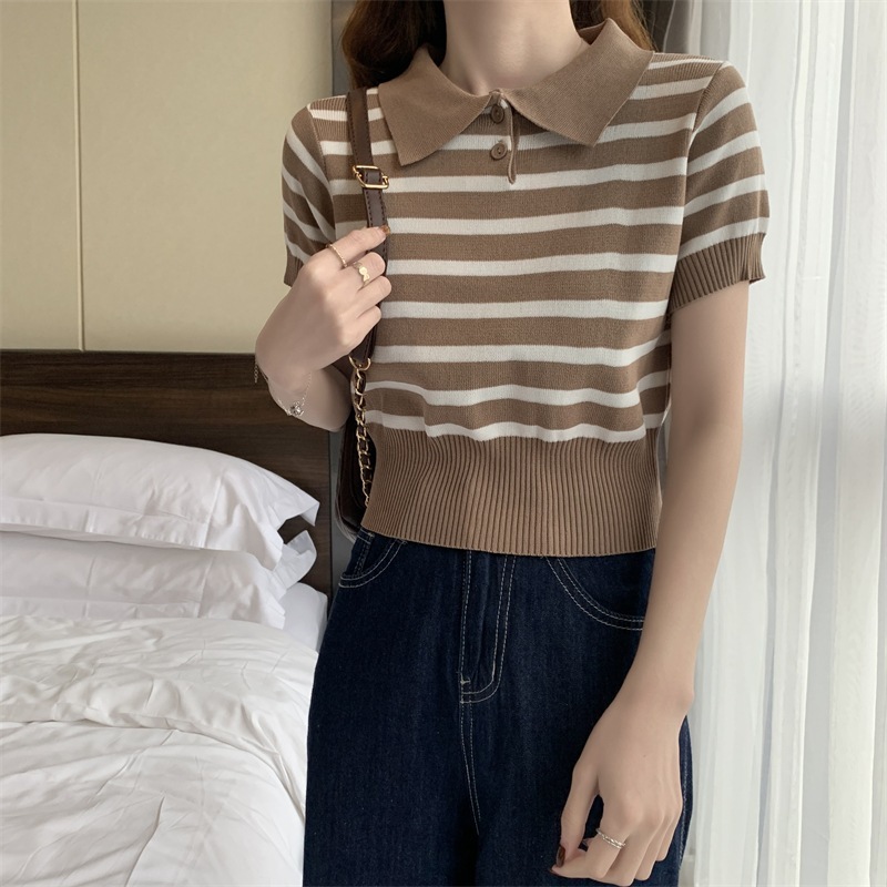 Stella Fashion Korean Version Striped Short Sleeve Knitted T-Shirt Round Neck Top Slim Fit Short Polo T Shirt