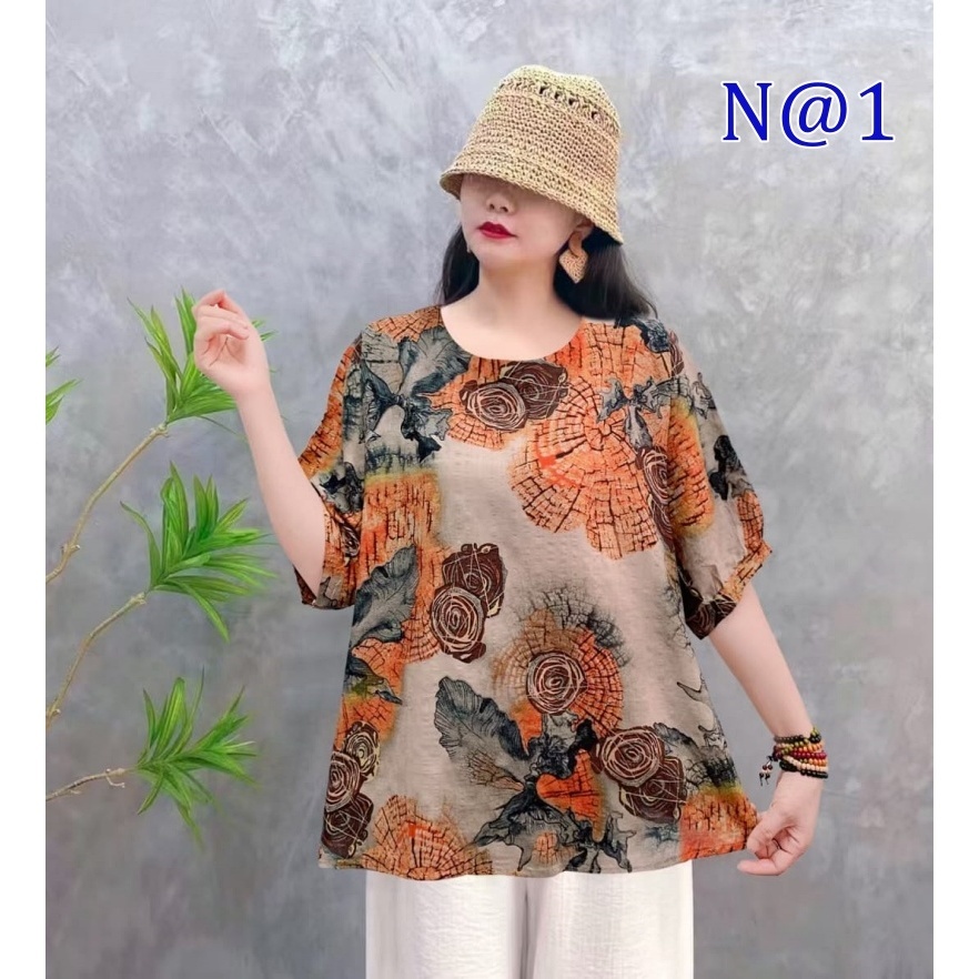 [Stella Fashion] Women Cotton Linen  Loose Blouse Retro Round Neck Top Summer Plus Size Flora Middle   Age Women     Top