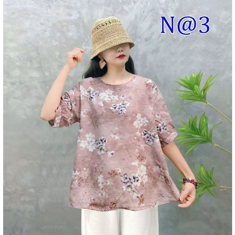 [Stella Fashion] Women Cotton Linen  Loose Blouse Retro Round Neck Top Summer Plus Size Flora Middle   Age Women     Top