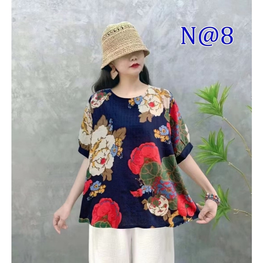 [Stella Fashion] Women Cotton Linen  Loose Blouse Retro Round Neck Top Summer Plus Size Flora Middle   Age Women     Top