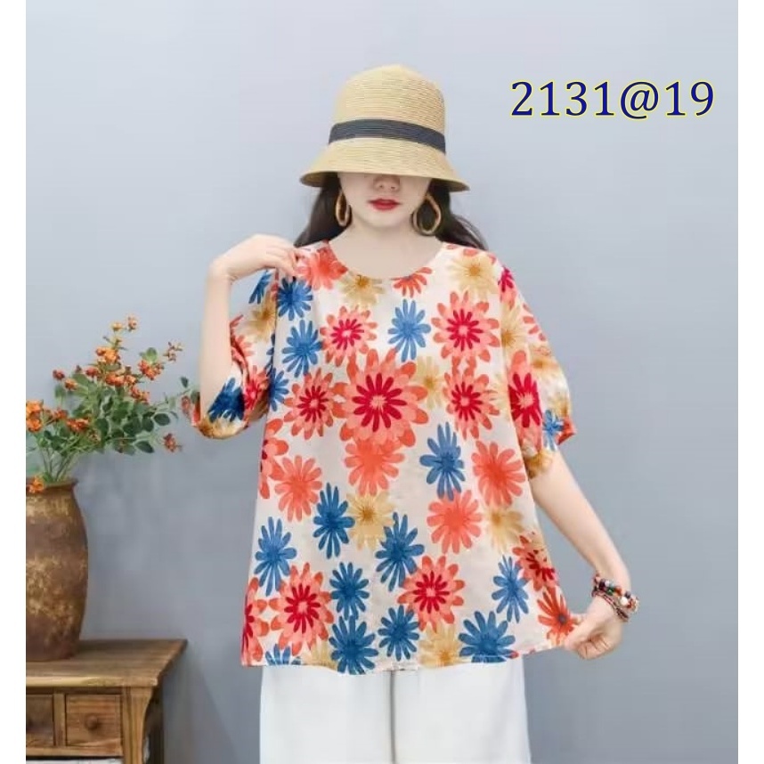 [Stella Fashion] Women Summer Flora Middle Age Women Blouse Plus size Cotton Linen Tops Short Sleeve Tops-Stella's Fashion