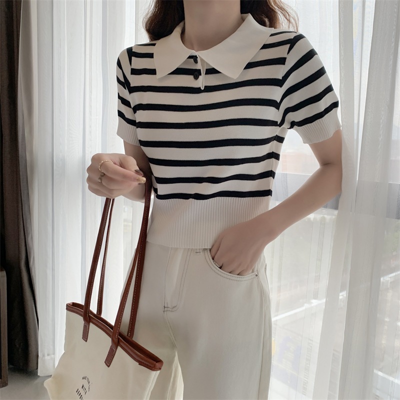 Stella Fashion Korean Version Striped Short Sleeve Knitted T-Shirt Round Neck Top Slim Fit Short Polo T Shirt