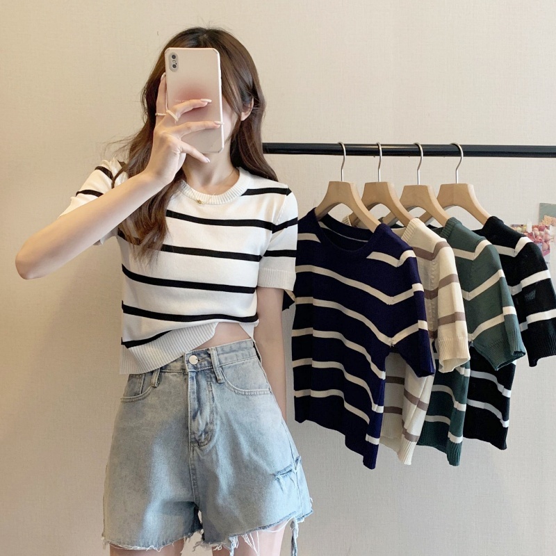 [Stella Fashion] Women's Short Sleeve Knitted Top Korean Style Stripe Pattern with Round Neck soft fabric knit T Shirt-Stella's Fashion
