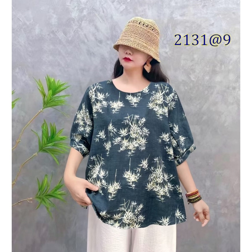 [Stella Fashion] Women Summer Flora Middle Age Women Blouse Plus size Cotton Linen Tops Short Sleeve Tops-Stella's Fashion
