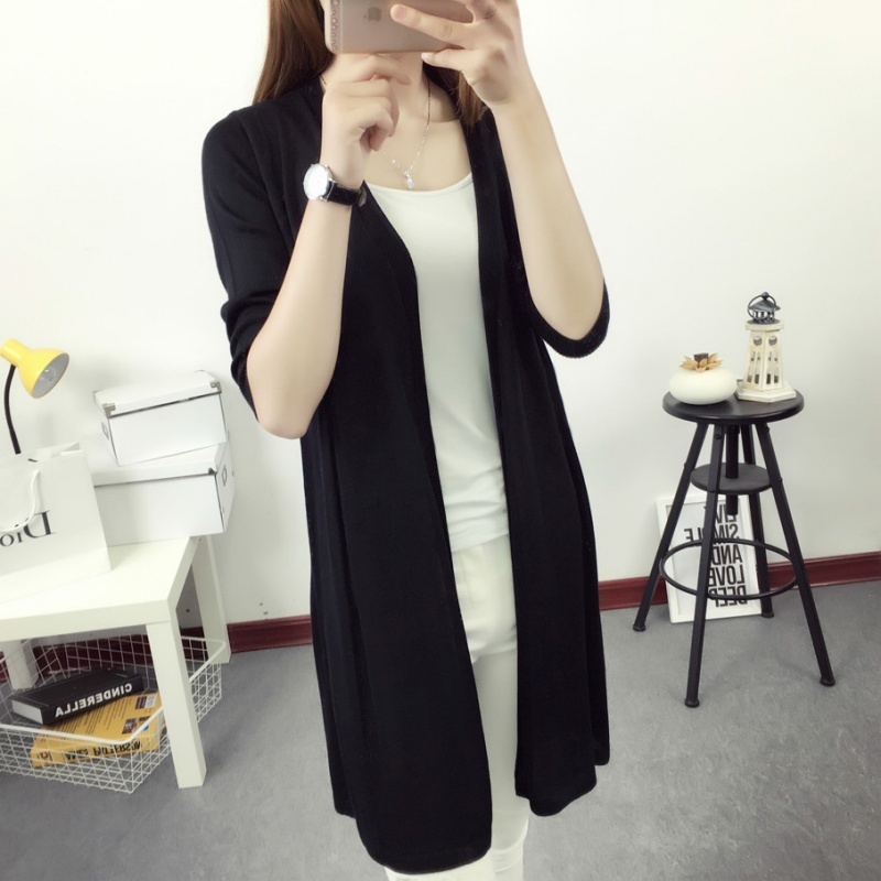 [Stella Fashion] Korean style Mid-length Thin Ice silk Coat Sun protection loose size hallow women  Open long Cardigan
