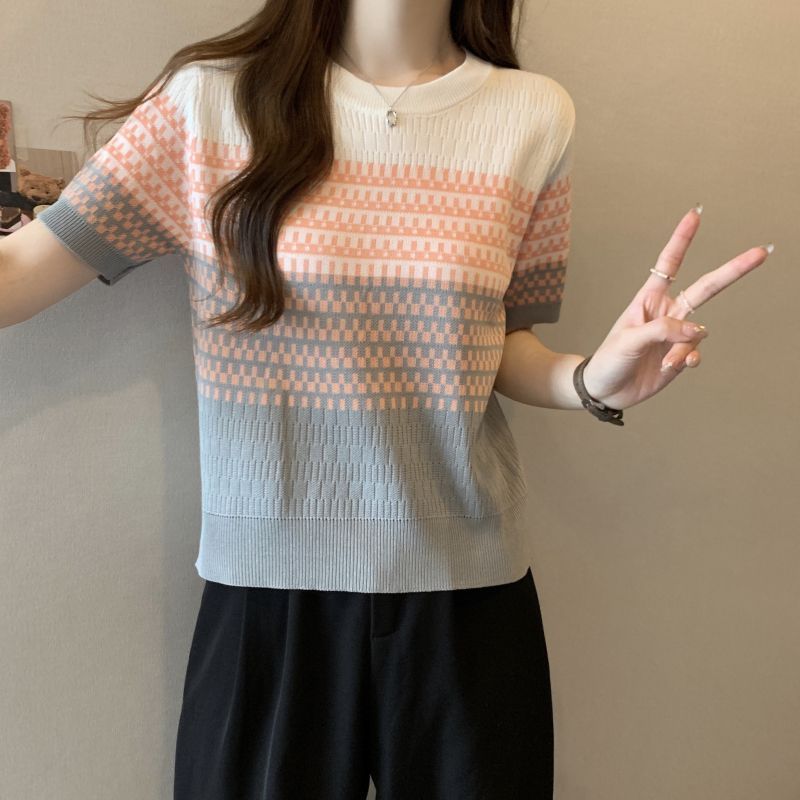 Stella Fashion Korean Version Striped Short Sleeve Knitted T-Shirt Round Neck Top Slim Fit Short Polo T Shirt
