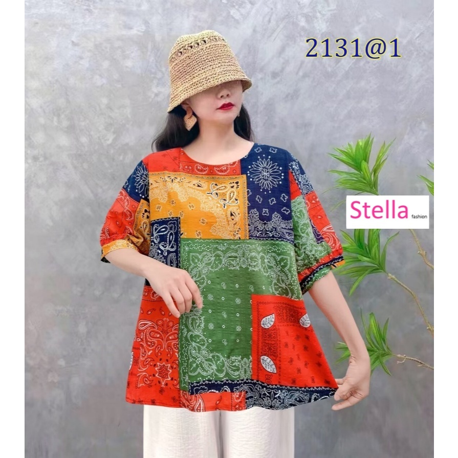 [Stella Fashion] Women Summer Flora Middle Age Women Blouse Plus size Cotton Linen Tops Short Sleeve Tops