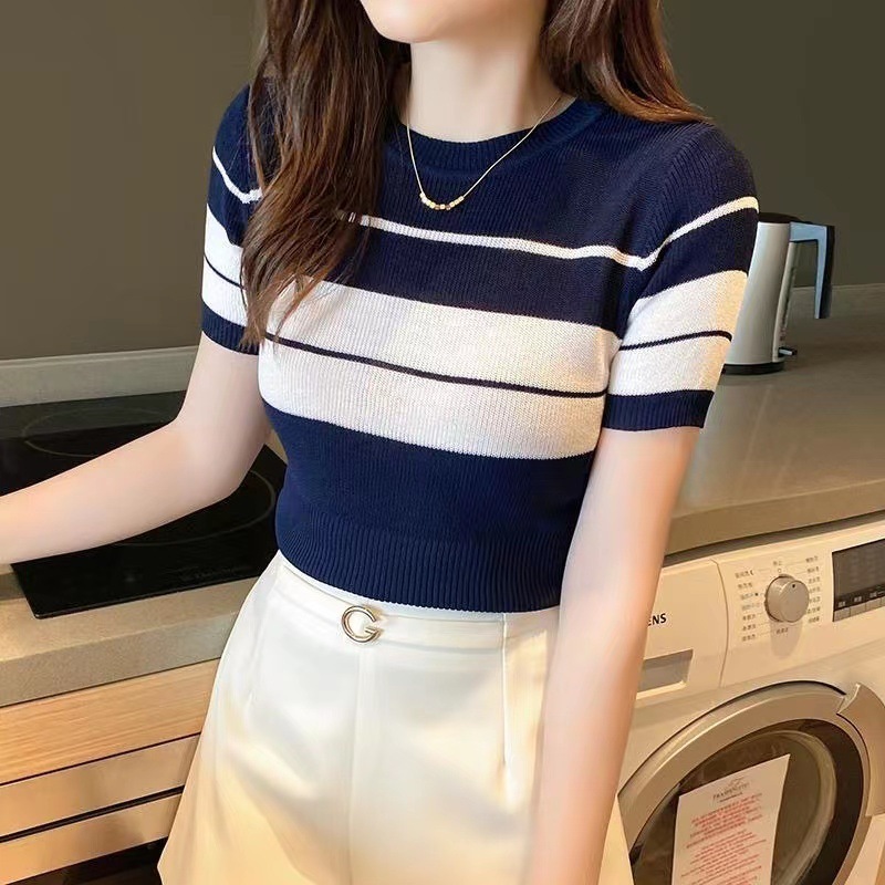 [Stella Fashion] Women's Short Sleeve Knitted Top Korean Style Stripe Pattern with Round Neck soft fabric knit T Shirt-Stella's Fashion