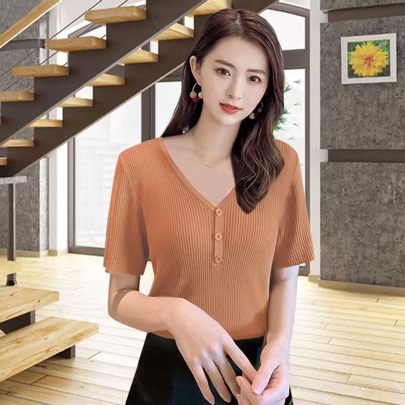 Stella Fashion Korean Ice silk T-shirt Short-sleeved V-Neck Slim Solid Color Fashion Ice Silk Bottoming Knitted Shirt