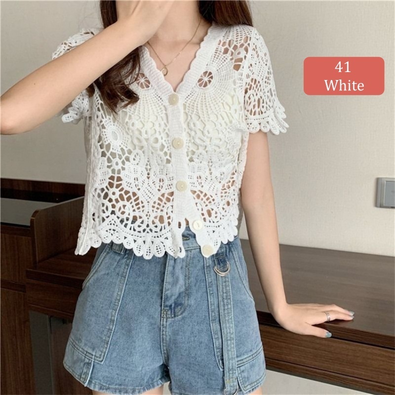 Stella Fashion Knitted Sunscreen Cardigan Thin Style Women Loose Outer Blouse Short Sleeve Top 短袖针织上衣