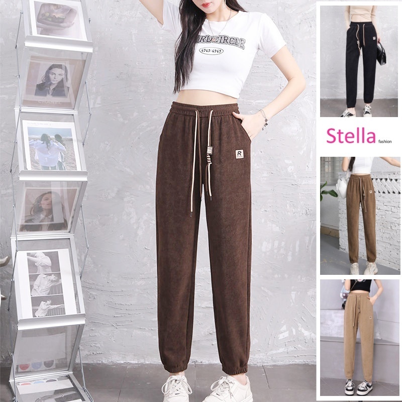 [Stella Fashion] Women Middle-aged and Elderly Kapok Velvet Striped Cuffed Pants Large Size Loose Outdoor Sweatpants