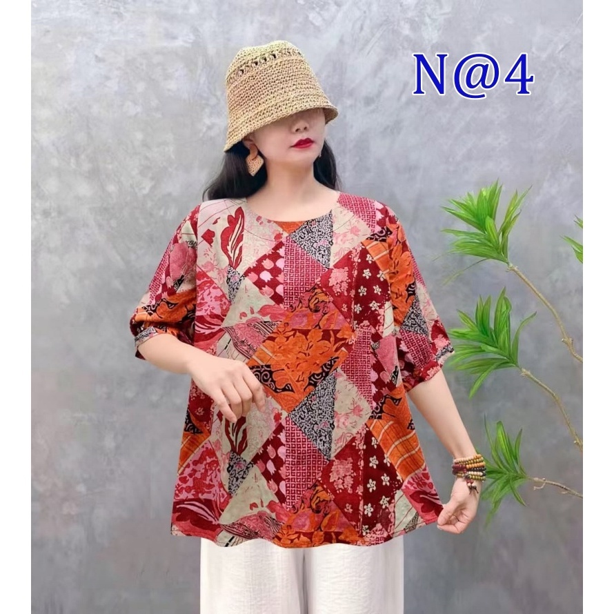 [Stella Fashion] Women Cotton Linen  Loose Blouse Retro Round Neck Top Summer Plus Size Flora Middle   Age Women     Top